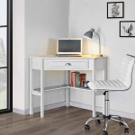 Yaheetech Home Office Desk & Chair Set Corner Writing Study Desk Computer Workstation w Drawer & Shelf + PU Leather Low Back Armless Desk Chair with Wheels for Home Office Living Room White
