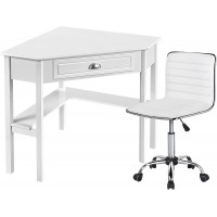 Yaheetech Home Office Desk & Chair Set Corner Writing Study Desk Computer Workstation w Drawer & Shelf + PU Leather Low Back Armless Desk Chair with Wheels for Home Office Living Room White