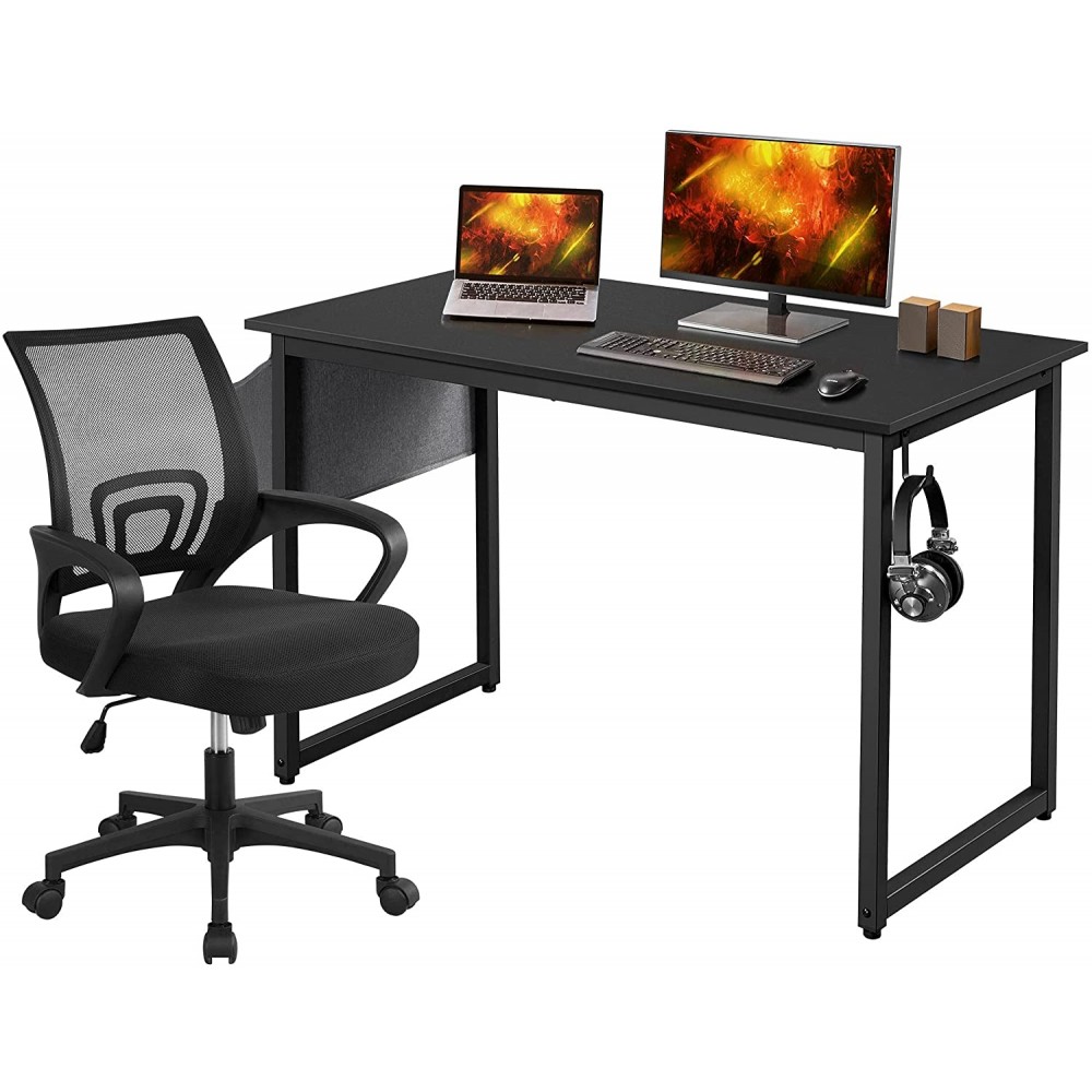 Yaheetech Home Office Desk & Chair Set Ergonomic Black Mesh Computer Chair and 47" Computer Desk with Storage Bag & Headphone Hook Adjustable Rolling Swivel Chair Indusrtal Workstation for Small Space