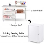 Folding Sewing Table Multifunctional Sewing Machine Cart Table Sewing Craft Cabinet with Storage Shelves Portable Rolling Sewing Desk Computer Desk with Lockable CastersWhite