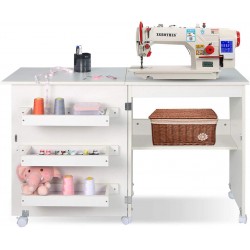 Folding Sewing Table Multifunctional Sewing Machine Cart Table Sewing Craft Cabinet with Storage Shelves Portable Rolling Sewing Desk Computer Desk with Lockable CastersWhite