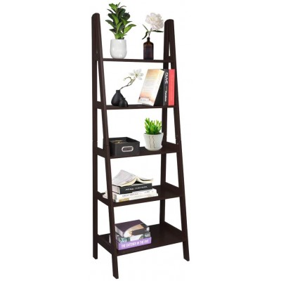 5 Tiers Bookshelf,Ladder Shelf,Multifunctional Modern Wood Plant Flower Book Display Shelf Home Office Storage Rack Leaning Ladder Wall Shelf Brown
