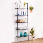 APICIZON 5 Tier Ladder Shelf Industrial Wall Shelf with Wood Shelves and Stable Metal Frame Open Wall Mount Bookcases Display Shelves Plant Flower Rack for Home Office Balcony Bathroom Black