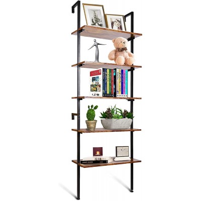 BACKH Industrial Ladder Shelf 5-Tier Bookshelf with Wood and Metal Frame Wall-Mount Bookcase Organizer Shelve Plant Stand Kitchen Shelf Cart Suitable for Living Room Bathroom Kitchen Office