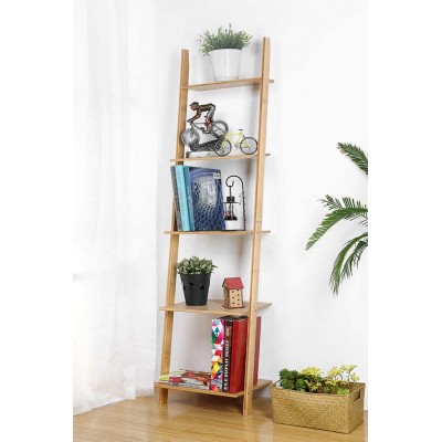HYNAWIN Ladder Shelf 5-Tier Bookshelf –Bamboo Storage Rack Shelves Wall Leaning Shelf Unit,FreeStanding Plant Flower Stand Corner Display Bookcase for Living Room Bathroom Kitchen Office65in