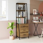 Industrial Ladder Shelves Bookcase with Fabric Drawers and 3 Tier Open Shelves Freestanding Storage Cabinet Tall Nightstand for Living Room Bedroom Office Rustic Brown