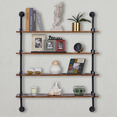 Industrial Pipe Shelving Wall Mounted 38in Rustic Metal Floating Shelves 4-Tier Steampunk Real Wood Bookshelf Farmhouse Kitchen Bar Office Home Storage