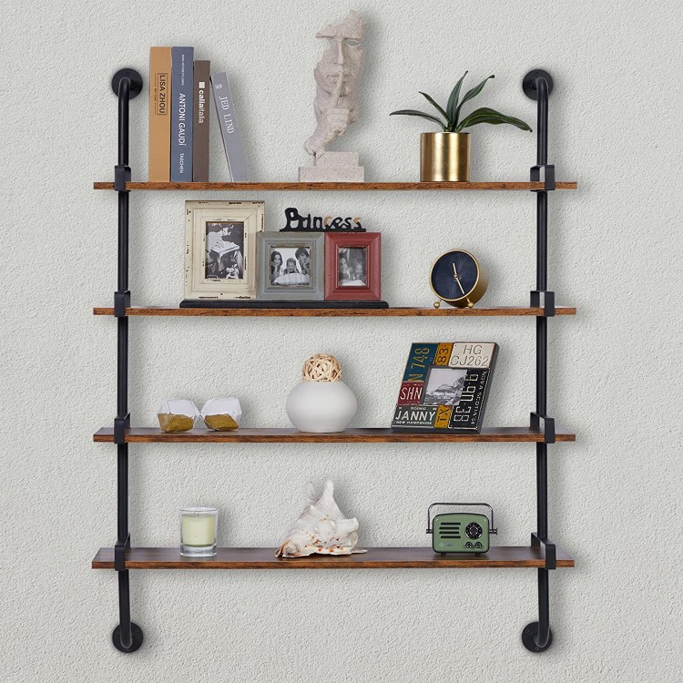 Industrial Pipe Shelving Wall Mounted 38in Rustic Metal Floating Shelves 4-Tier Steampunk Real Wood Bookshelf Farmhouse Kitchen Bar Office Home Storage