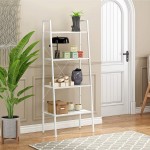 JEROAL 4 Tier Ladder Shelf Wooden Leaning Bookshelf Storage Display Shelves Open Bookcase with Metal Frame Perfect for Home Office or Bedroom Marble White