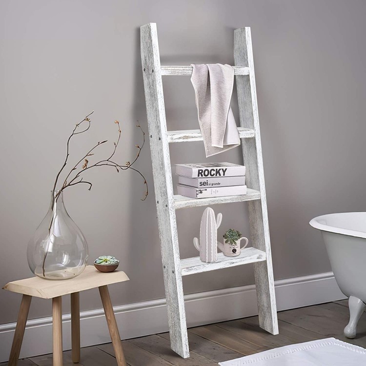 KIAYACI Ladder Shelf Rustic Vintage Blanket Ladder Decorative Wood Ladder Shelf for Living Room Bedroom Bathroom Retro White 48" x 22"