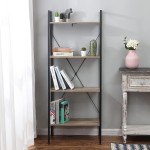 LuxenHome 4-Shelf Modern Bookcase Wood Ladder Book Shelf with Industrial Metal Frame Corner Etagere for Living Room Bedroom Office 58 inch Light-Oak