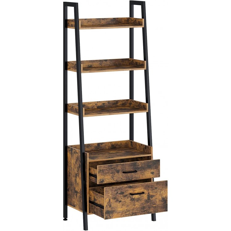 Rolanstar Ladder Shelf with 2 Drawers 4 Tier Ladder Bookshelf Wood Utility Organizer Shelves with Metal Frame Freestanding Display Bookcase for Living Room Home Office Rustic Brown