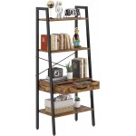 Rolanstar Ladder Shelf with Drawer Wooden Ladder Bookshelf 4-Tier Leaning Utility Organizer Shelves Rustic Hand Painted Metal Frame for Living Room Office Room Rustic Brown