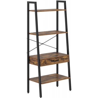 Rolanstar Ladder Shelf with Drawer Wooden Ladder Bookshelf 4-Tier Leaning Utility Organizer Shelves Rustic Hand Painted Metal Frame for Living Room Office Room Rustic Brown