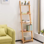 Tangkula Bamboo 5-Tier Ladder Shelf Bookshelf Wall-Leaning Bookshelf Plant Flower Stand Storage Display Shelves for Living Room Bathroom Office Multifunctional Ladder Bookcase Natural