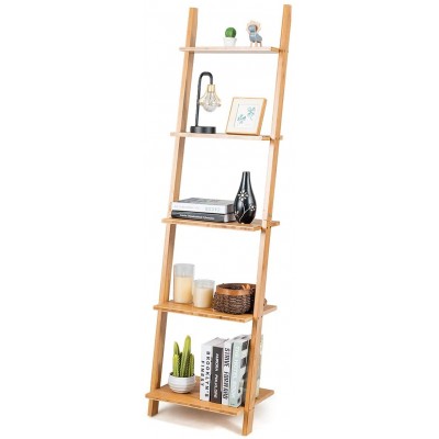 Tangkula Bamboo 5-Tier Ladder Shelf Bookshelf Wall-Leaning Bookshelf Plant Flower Stand Storage Display Shelves for Living Room Bathroom Office Multifunctional Ladder Bookcase Natural