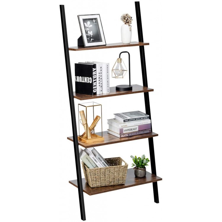 Tangkula Industrial 4-Tier Ladder Shelf Leaning Against The Wall Bookshelf for Living Room Office Multipurpose Storage Rack Shelves with Metal Frame Plant Flower Stand Rustic Brown