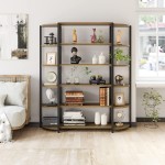 Triple Wide 6-Tier Bookcase Vintage Wooden Free Standing Bookshelf with Adjustable Feet Industrial Open Display Shelves Etagere Book Shelves for Home Office Rustic Brown