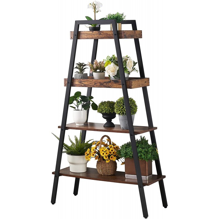 VECELO Industrial Ladder Shelf 4 Tier Leaning Bookshelf Storage Bookcase Rack Plant Flower Stand Utility Organizer Shelves for Office Living Room Wood & Steel