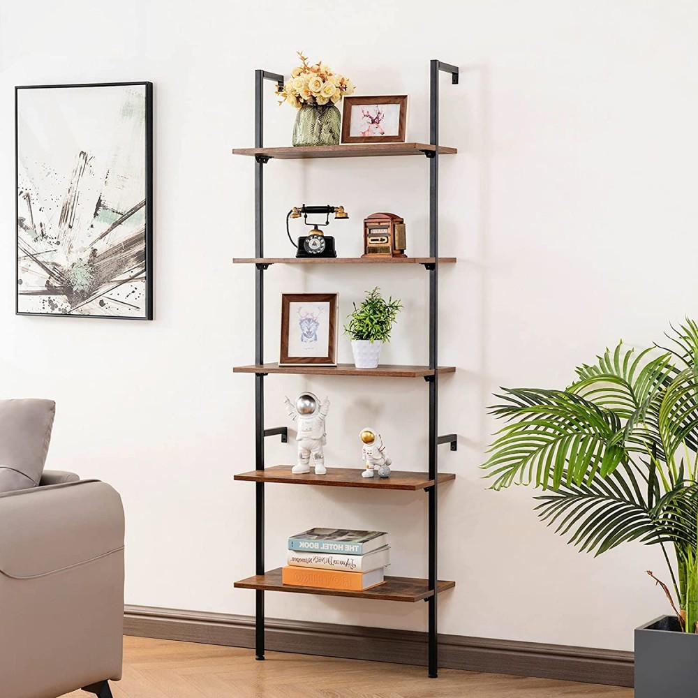 YOUDENOVA 5 Tier Ladder Shelf 72'' Industrial Bookshelf for Living Room Modern Bookcase with Metal Frame and Wood Open Shelf Organizer for Home Office Bedroom Brown