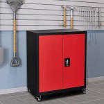 GREATMEET Metal Storage Cabinet with 1 Adjustable Shelve and 2 Doors,Locking Steel Storage Cabinet with Wheels for Home Office 26.1" W x 13.78" D x 31.5" H Black+Red