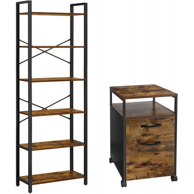 VASAGLE 6-Tier Bookshelf and Mobile Filing Cabinet Bundle Office Shelving and Storage File Cabinet Rustic Brown and Black ULLS062B01 and UOFC71X