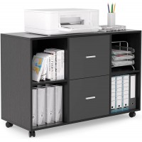 Wooden Mobile Horizontal Filing Storage Cabinet with 2 Drawers & 4 Open Storage Shelves for Home Office Black-Dark Grey
