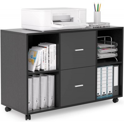 Wooden Mobile Horizontal Filing Storage Cabinet with 2 Drawers & 4 Open Storage Shelves for Home Office Black-Dark Grey