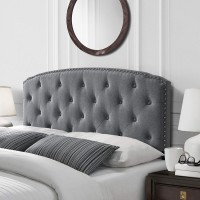 DG Casa Wembley Diamond Tufted Upholstered Nailhead Trim Adjustable Height Headboard Queen Size in Grey Polyester Blend Fabric Gray