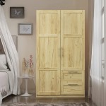 Double Door Wardrobe Wooden Wardrobe Closet Tall Cabinet with 2 Drawers & 5 Storage Spaces Freestanding Armoire Storage Cabinet with Hanging Rod Clothes Storage Organizer for Bedroom Oak