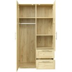 Double Door Wardrobe Wooden Wardrobe Closet Tall Cabinet with 2 Drawers & 5 Storage Spaces Freestanding Armoire Storage Cabinet with Hanging Rod Clothes Storage Organizer for Bedroom Oak