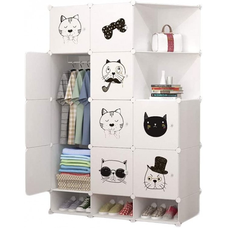 LJP Closet Portable Wardrobe Closet Clothes Wardrobe Bedroom Armoire Storage Organizer with White Doors 7 Cubes &1 Hanging Sections Wardrobe Color : White Size : B