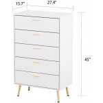 ECACAD Modern Dresser with 5 Drawers Wood Dresser Storage Chest with Gold Metal Legs for Bedroom Living Room White 27.4”L x 15.6”W x 44.9”H