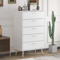 ECACAD Modern Dresser with 5 Drawers Wood Dresser Storage Chest with Gold Metal Legs for Bedroom Living Room White 27.4”L x 15.6”W x 44.9”H