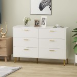 Homsee 6 Drawer Double Dresser Storage Chest of Drawers Wood Dresser Chest with Gold Metal Legs for Bedroom Living Room & Hallway White 54”L x 15.6”W x 30.1”H