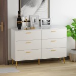 Homsee 6 Drawer Double Dresser Storage Chest of Drawers Wood Dresser Chest with Gold Metal Legs for Bedroom Living Room & Hallway White 54”L x 15.6”W x 30.1”H