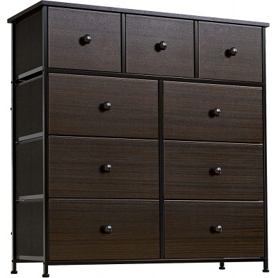 REAHOME 9 Drawer Dresser for Bedroom Faux Leather Chest of Drawers Closets Large Capacity Organizer Tower Steel Frame Wooden Top Living Room Entryway Office Rustic Brown RZP9B1