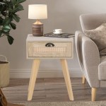 2 Packs Nightstand with Rattan Drawer Modern Small Accent Cabinet Side Table with Solid Wood Legs Rattan Bedside Table