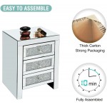 Henf Modern Mirrored 3 Drawers Nightstand Bedside Table Crystal Diamond 3 Drawer Chest End Tables with Crystal Knob Silver Finish Bedside Storage Cabinet for Bedroom Living Room