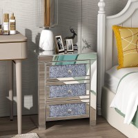 Henf Modern Mirrored 3 Drawers Nightstand Bedside Table Crystal Diamond 3 Drawer Chest End Tables with Crystal Knob Silver Finish Bedside Storage Cabinet for Bedroom Living Room