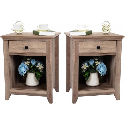 JAXPETY Farmhouse Nightstand Bedside Table with Drawer and Shelf Wood Storage Cabinet for Home Bedroom 2-Pack Rustic Brown