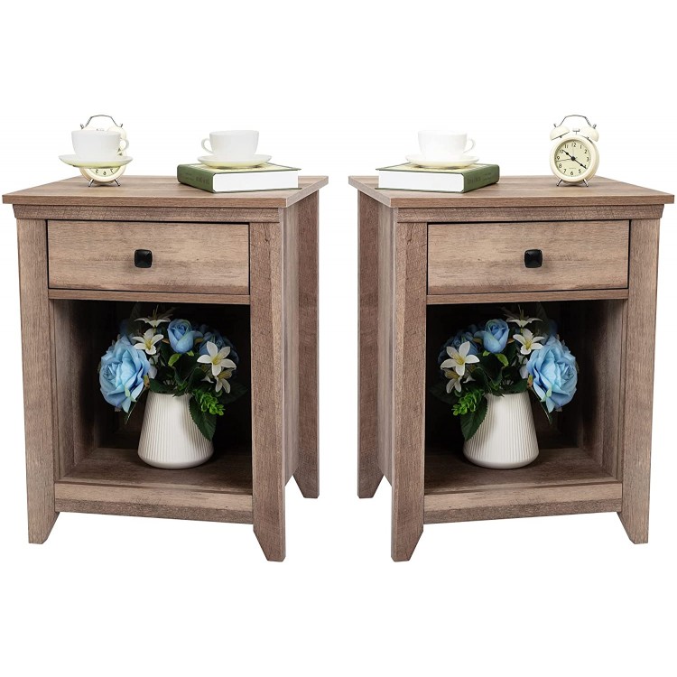 JAXPETY Farmhouse Nightstand Bedside Table with Drawer and Shelf Wood Storage Cabinet for Home Bedroom 2-Pack Rustic Brown
