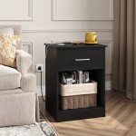 Reettic Nightstand with Charging Station and USB Ports & Power Outlets Wooden End Table with Drawer and Opening Shelf Side Table for Bedroom Black RCTG101BE