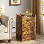 Rolanstar Nightstand with Charging Station Farmhouse End Side Table with Storage Drawer and Cabinet for Bedroom Rustic Brown