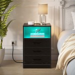 Seventable Nightstand with Wireless Charging and LED Lights Modern End Side Table with 3 Drawers and Open Storage for Bedroom,Black