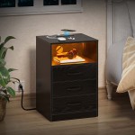 Seventable Nightstand with Wireless Charging and LED Lights Modern End Side Table with 3 Drawers and Open Storage for Bedroom,Black
