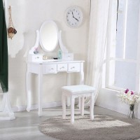 5 Drawers Dressing Table with Oval Mirror Makeup Vanity Sets Vanities Benches Classic Bedroom Dresser Desk Cushioned Stool for Women Girls to Dress up
