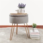 Amatic Velvet Round Storage Ottoman Vanity Stool Ottoman with Storage for Living Room Modern Upholstered Makeup Chair with Golden Metal Legs Tray Top Coffee Table for Dorm BedroomGrey