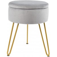 Amatic Velvet Round Storage Ottoman Vanity Stool Ottoman with Storage for Living Room Modern Upholstered Makeup Chair with Golden Metal Legs Tray Top Coffee Table for Dorm BedroomGrey