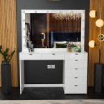 Boahaus Diana Large 47" Makeup Vanity Dressing Table Lighted with Hollywood LED Bulbs 7 Drawers White Perfect for Bedroom